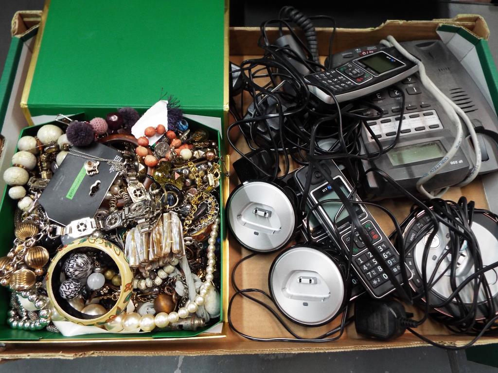 A good mixed lot to include a modern BT phone system (cordless) and a quantity of costume jewellery