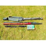 A carp fishing kit to include a Medium complete tackle box Quiver two Nash Outlaw rods and one Fox