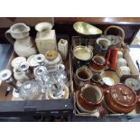 Two boxes containing a quantity of stoneware, oil lamp, cast iron weighing scales,