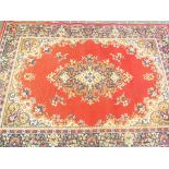 A Mona Lisa rug on a dark red ground in a traditional style,