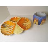 Shelley - a dripglaze Trefoil dish hand painted in shades of orange and yellow,