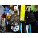 A good mixed lot to include two boxes, maps, glassware, clock, binoculars,