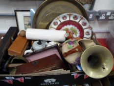 A good mixed lot to include ceramics, brass ware, ceramic rolling pin,
