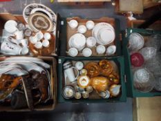 Five boxes containing a quantity of glassware, ceramic tableware, tea services, treen,