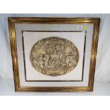 A heavy, oval ceramic framed picture with couples dressed in period clothing, mounted and framed,