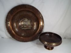 Hugh Wallis - a good quality hammered copper pedestal bowl / centre-piece by Hugh Wallis,