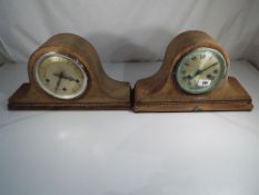 Two oak cased mantle clocks each with pendulum and key