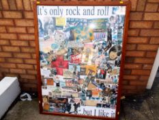 A framed collage entitled "It's only rock and roll but I like it" made up of musical memorabilia