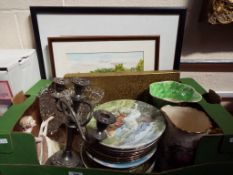 A good mixed lot to include two watercolours, a quantity of collector plates, plated ware,