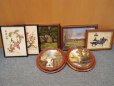 Seven pictures of varying sizes, three oils on board and one oil on canvas depicting rural scenes,