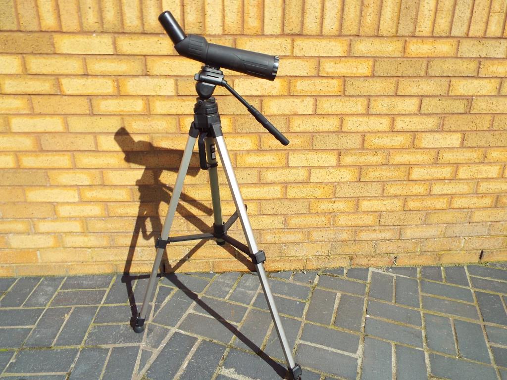 A zoom spotting scope marked Telesport 18-36x50mm mounted on a Miranda Titan TP30 telescopic tripod