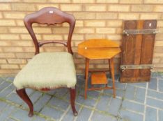 A hexagonal occasional table, a Victorian chair and an antique inlaid trouser press (3).