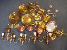 A good lot to include 2 boxes of metalware comprising copper kettles, a brass fireside companion,
