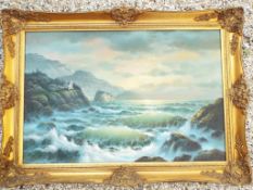 Jack Cavin - an oil on canvas depicting a Seascape, turbulent seas breaking on a rocky sea shore,