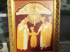 A large antique 19th century religious oil on canvas set within a highly decorative gilt wooden