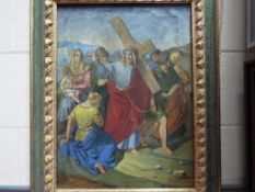 An oil on canvas depicting Jesus bearing the Cross (anon) image size 52 cm x 38 cm,