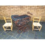 A doll's wooden and wicker pushchair and two children's modern chairs with wicker seats (3)