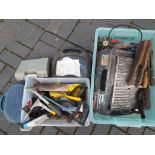 Two boxes containing a mixed lot of hand tools, a craft drill,