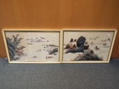 A pair of circa 1920 - 1940 original Japanese framed silk pictures,
