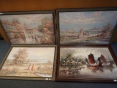 Three framed oils on board, two depicting ladies at a lakeside scene and the third a street scene,