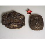 Two American US belt buckles and a Russian enamel pin badge - NOTE: Please read 'Important