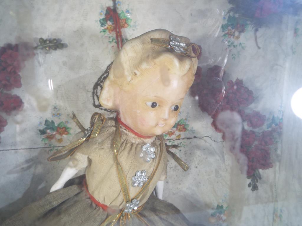 An antique wax doll in a wooden display case, approximately 38 cm doll size, - Image 4 of 5