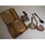 A small parcel of hallmarked silver to include a cigarette case, a vesta and three spoons,