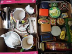 A good lot to include a box of approx 18 advertising tins, three meat plates,