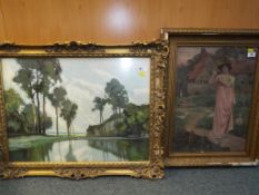 A watercolour depicting a lady set in a cottage scene, unsigned, framed under glass,