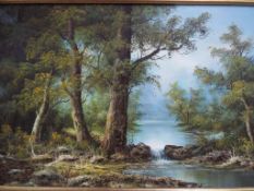 An oil on canvas depicting a lakeside scene by I.