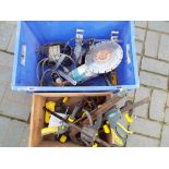 Two boxes containing a quantity of tools and accessories to include a Makita 9069 240 watt angle