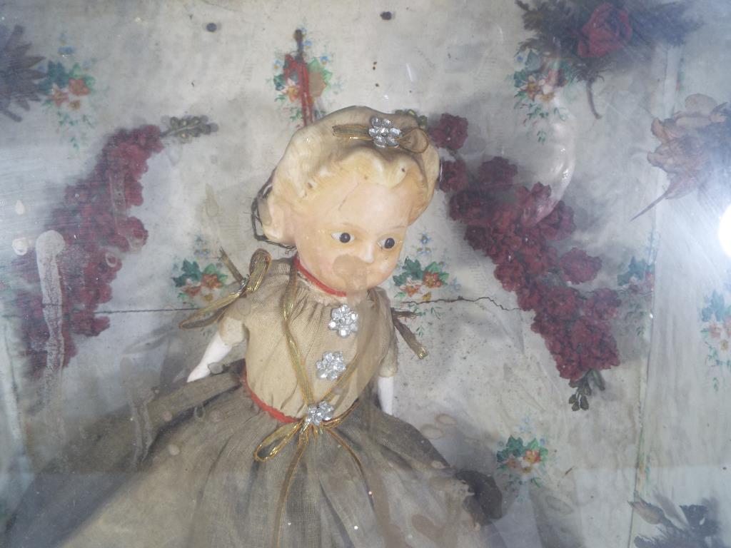 An antique wax doll in a wooden display case, approximately 38 cm doll size, - Image 2 of 5