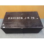 A wooden chest with hinged lid marked to the lid Davison J.R.