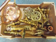 A lot to contain a box of brass and copper ware comprising candlesticks, ornaments,