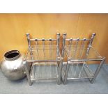 A pair of two tier metal bedside tables with glass tops and a large modern metal planter Est £30 -