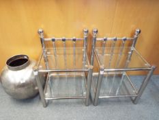 A pair of two tier metal bedside tables with glass tops and a large modern metal planter Est £30 -