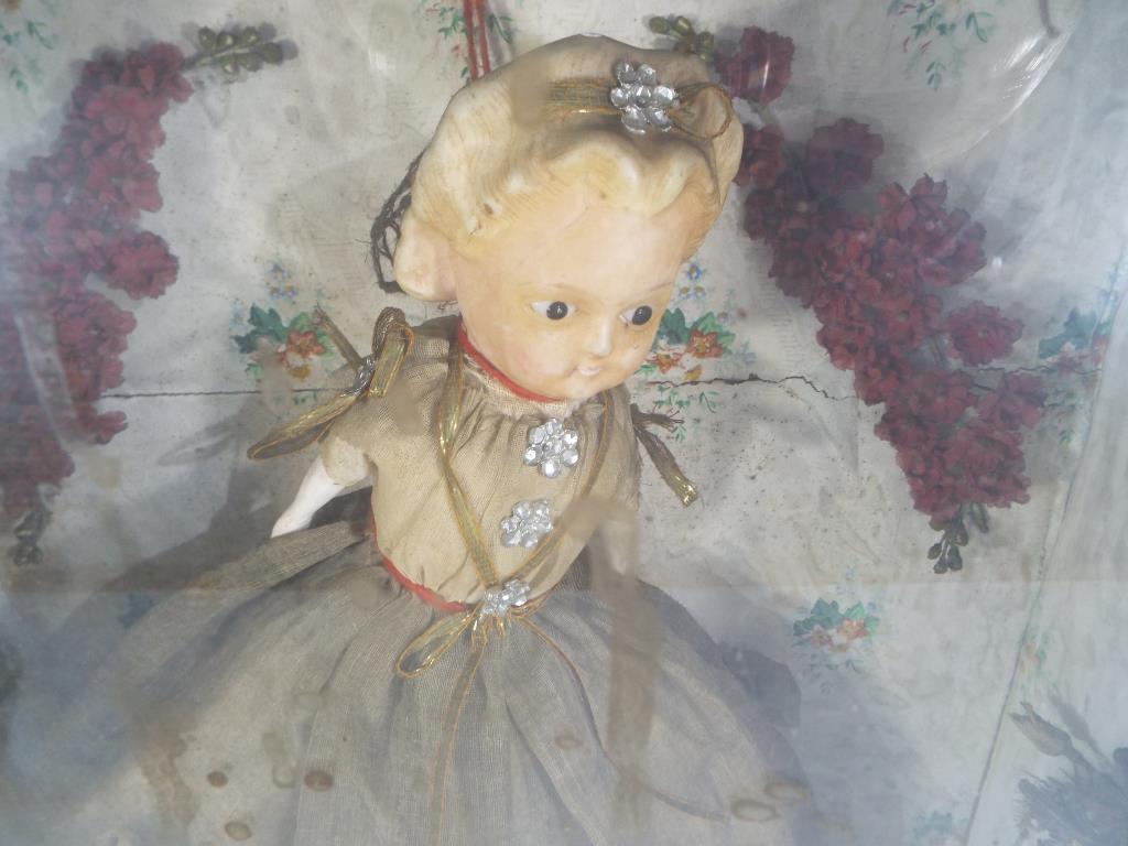 An antique wax doll in a wooden display case, approximately 38 cm doll size, - Image 3 of 5
