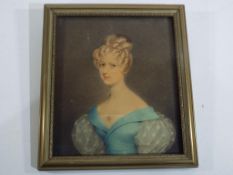 Adam Buck - a pencil and watercolour of a lady wearing a light blue dress with lace sleeves,
