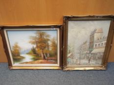 An oil on canvas depicting a lakeside scene signed by the artist lower right, Honty, gilt framed,
