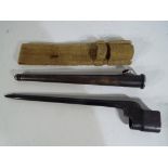 World War Two (WW2) - a British No 4 Mk 2 (pig sticker) spike bayonet in metal scabbard with canvas