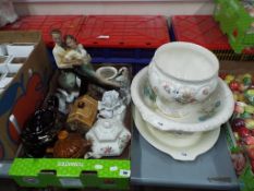 A mixed lot of ceramics to include novelty teapot, jardiniere by Devonshire Ware,