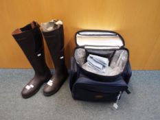 A pair of Kinpurnie riding boots size 8 and a picnic set contained in a rucksack