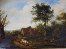 A 19th century oil on canvas depicting a farm scene, image size 24.5 cm x 34.