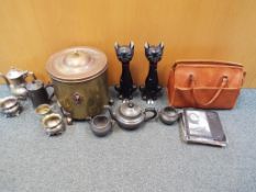 Two boxes containing a good mixed lot of plated ware, pewter, brassware,