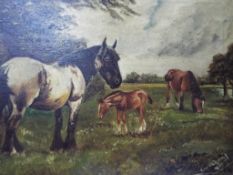 An oil on canvas depicting a countryside scene with horses,