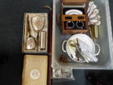 A good mixed lot to include a vintage boxed amitre, vase, boxed dressing table set,