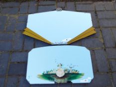 An art deco wall mirror and a further mirror with painted scene depicting a lady in a garden (2).