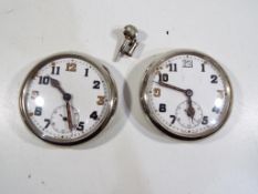 Militaria - two white metal cased pocket watches, each marked with 'crows foot' to the back,