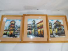Three oil on boards depicting urban scenes mounted and framed under glass,