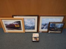 Four framed under glass railway related pictures and prints of varying sizes to include Sir Nigel